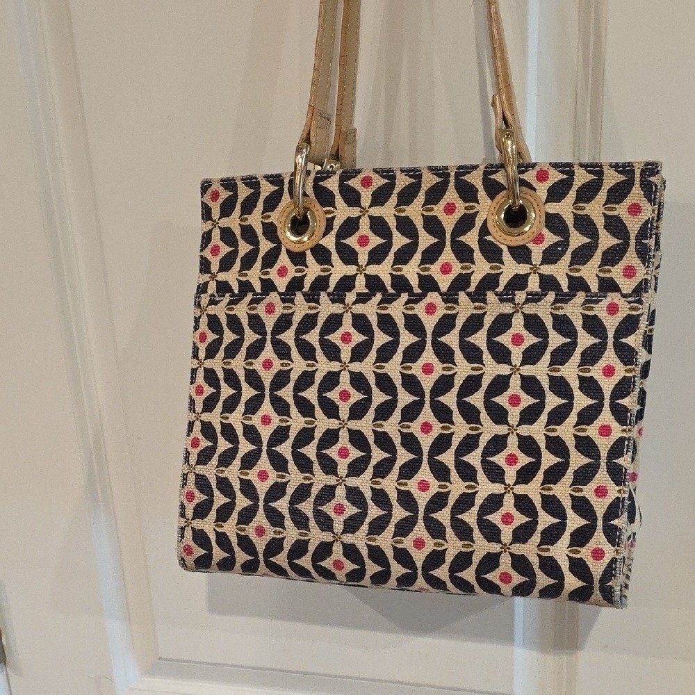 Spartina 449 Tote Bag Navy Pink Geometric Floral Canvas Leather Shoulder Bag - Picture 4 of 13
